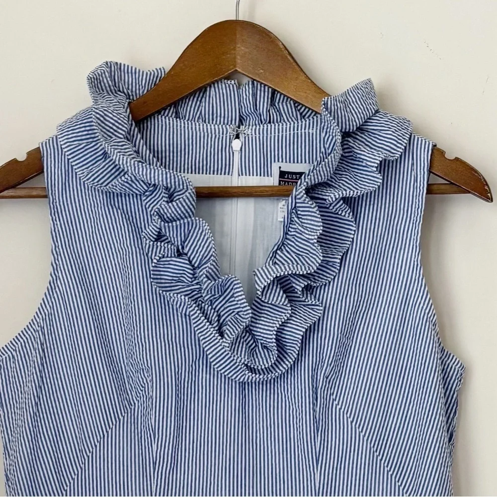Just Madras Blue Seersucker Sleeveless Ruffle Dress Sz 4 Preppy Nautical